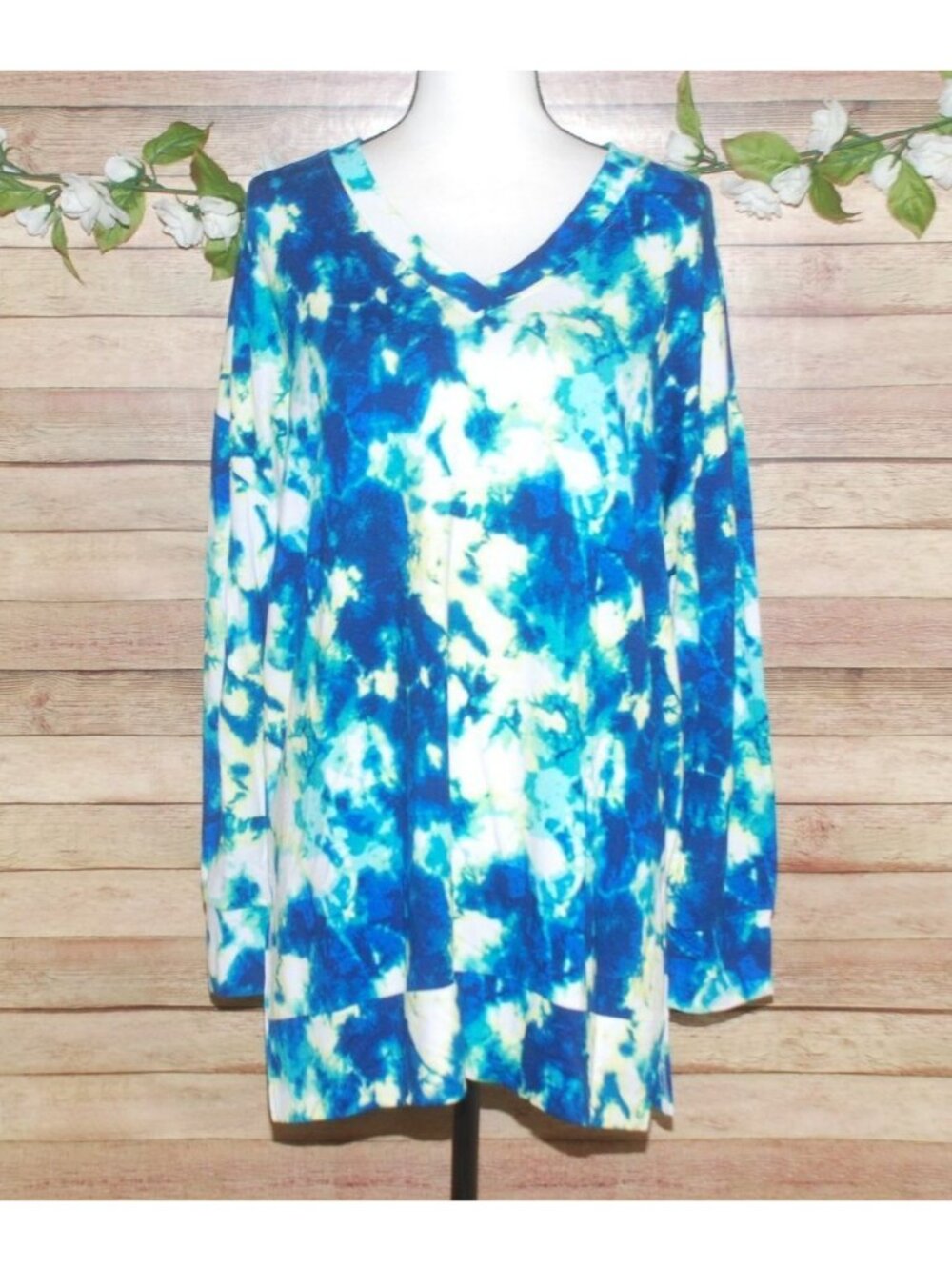 Masseys Blue Tie Dye Stretchy Pullover Tunic Top Size XL Stretch Long Sleeve